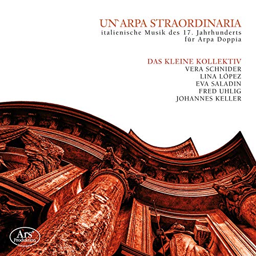 "CD cover featuring a red-tinted, ornate harp design with text in German and names."