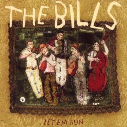"Album cover with illustration of five musicians playing instruments, on brown textured background."