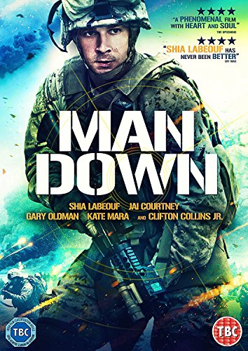 DVD cover of "Man Down" featuring a soldier with a gun amidst explosions.