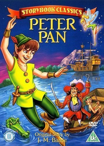 DVD cover art featuring Peter Pan, Tinker Bell, Captain Hook, and a crocodile.