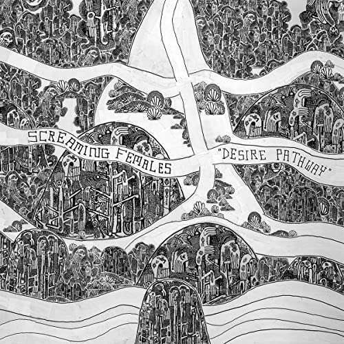 Black and white album cover with intricate forest and pathway illustration.
