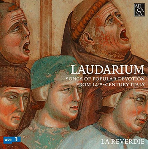 "CD cover art featuring medieval painting of five men singing, with text overlay."