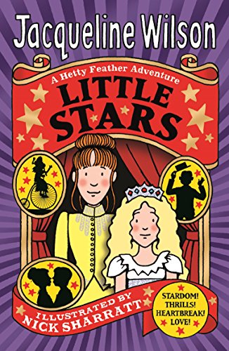 "Book cover featuring cartoon girls, a red curtain, and purple striped background."
