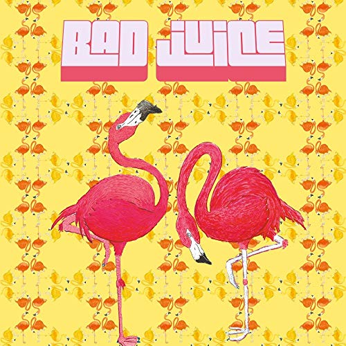 "Album cover with two pink flamingos on a yellow flamingo-patterned background, titled 'Bad Juice'."