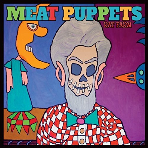 "Album cover for 'Rat Farm' by Meat Puppets, featuring a cartoon skeleton man."