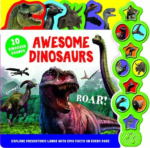 "Children's book cover featuring dinosaurs, sound tabs, and the title 'Awesome Dinosaurs'."