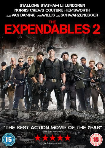 DVD cover for "The Expendables 2" featuring actors in tactical gear with guns.