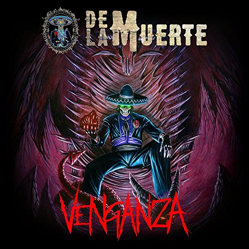 "Album cover art: skeleton in sombrero, surrounded by dark, spiky wings, on black background."