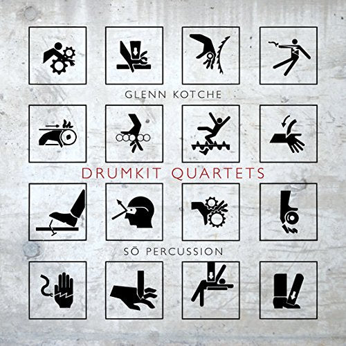 "CD cover with 12 black percussion icons on a gray, textured background."