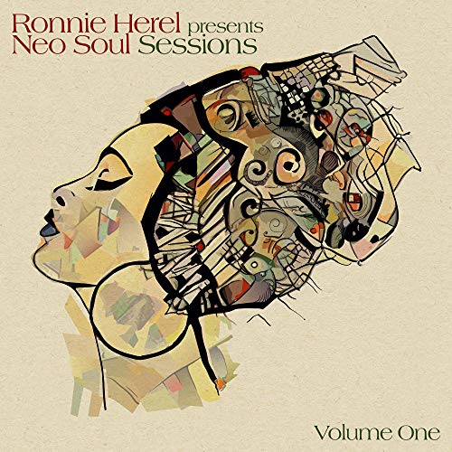 "CD cover with abstract illustration of a person's profile, beige background, text 'Ronnie Herel presents Neo Soul Sessions Volume One'."