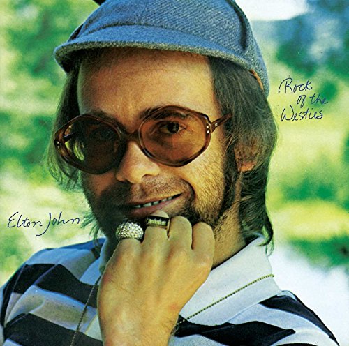 "Elton John's 'Rock of the Westies' vinyl album cover featuring a portrait of Elton John."