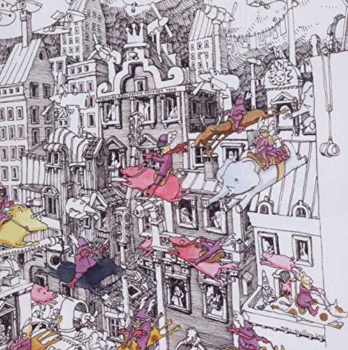 "Album cover art: colorful illustration of people flying through a cityscape."