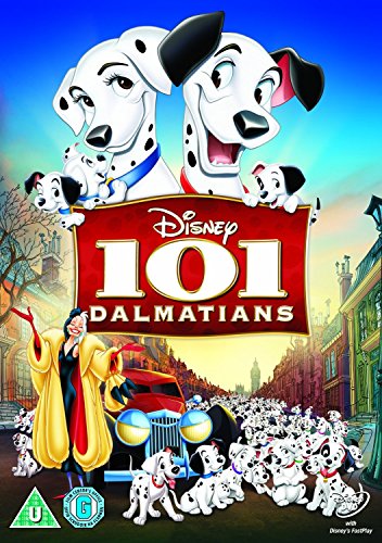101 Dalmatians" DVD cover featuring Dalmatian dogs, Cruella de Vil, and a car.