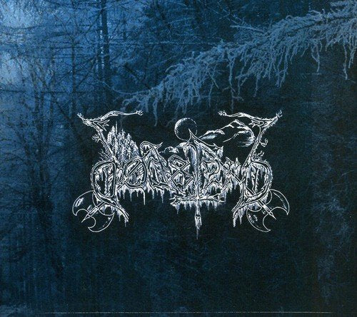 Dark blue album cover with intricate white design and forest-like background.