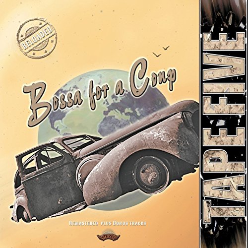 "Album cover with vintage car, globe, and 'Tape Five' text on a yellow background."