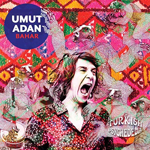 "Album cover with a screaming woman and colorful, patterned background."