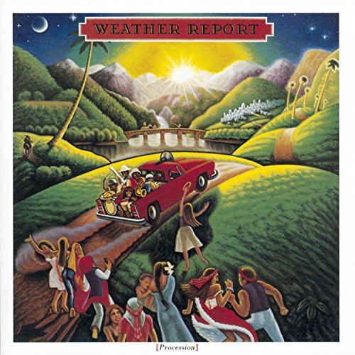 "Album cover art: colorful illustration of a red car and dancing people in a landscape."