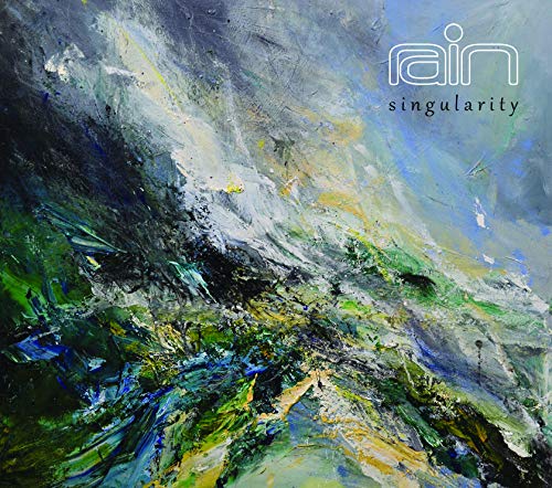 The image is an abstract painting of a landscape with the text "rain singularity" in the top-right corner. A concise, descriptive alt text for this image could be: "Abstract landscape painting with 'rain singularity' text in top-right corner."