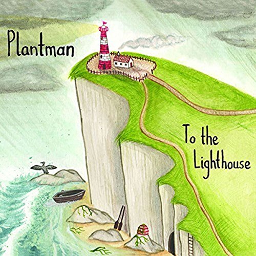 "Hand-drawn album cover with a cliffside lighthouse, house, and winding path."