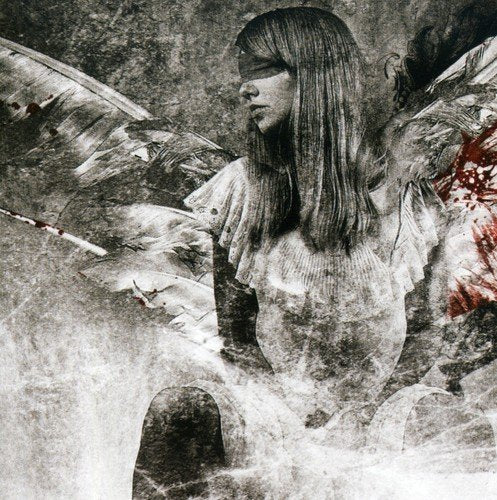 A black and white image of a woman with wings, surrounded by abstract elements.