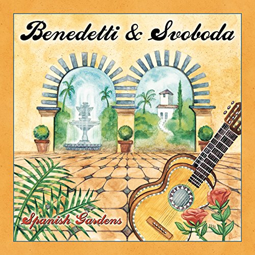 CD cover: Spanish garden scene with a guitar and fountain.