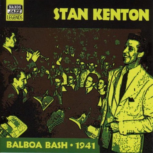 Stan Kenton album cover with yellow-toned illustration of a jazz band and crowd.