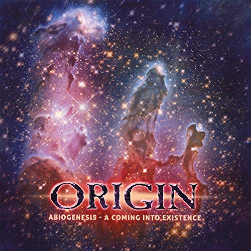 "Album cover with 'Origin' and 'Abiogenesis' text, surrounded by a colorful nebula."