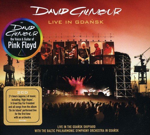 "Album cover for David Gilmour's 'Live in Gdansk' featuring a concert stage and crowd."