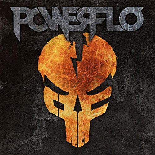 "Album cover with 'POWERFLO' text and a cracked, fiery Spartan helmet on black background."