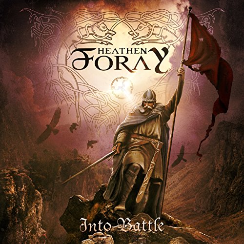 "Album cover featuring a medieval warrior holding a red flag on a rocky outcrop."