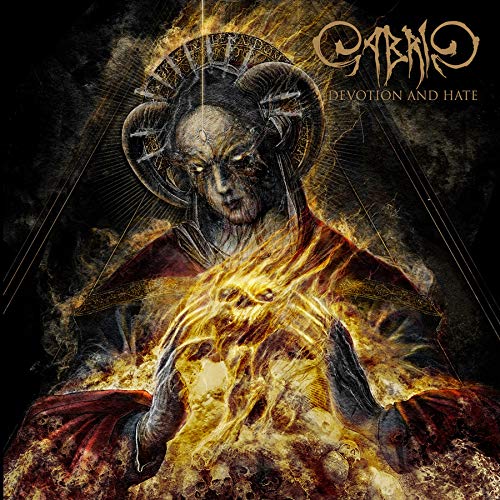 "Album cover art featuring a dark, religious figure surrounded by flames and skulls."
