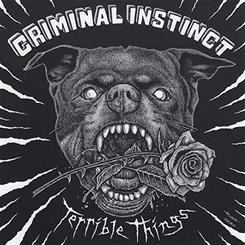 Black album cover with a dog's head biting a rose, white text.