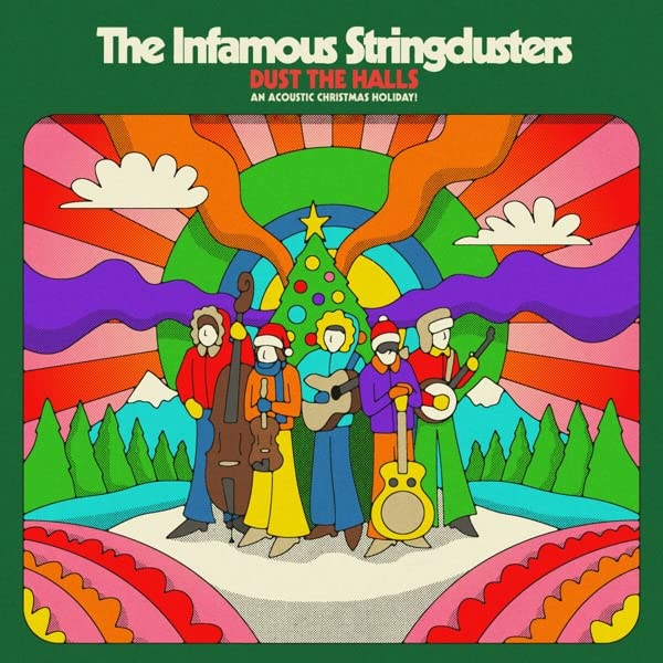 Colorful illustration of a band playing instruments around a Christmas tree.