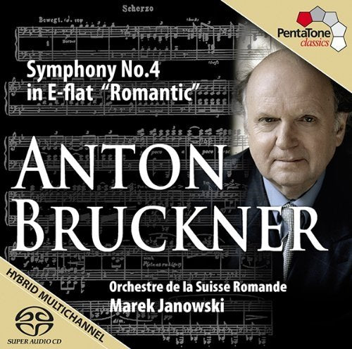 Bruckner CD cover featuring a man in a suit against a black, beige, and sheet music background.