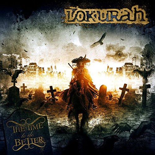 CD cover: Rider on horseback in a graveyard with a city backdrop.