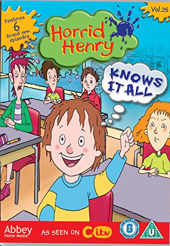 "DVD cover of 'Horrid Henry Knows It All' featuring a cartoon boy in a classroom."