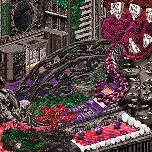 CD cover: surreal, pixelated cityscape with flowers, eyes, and chains.