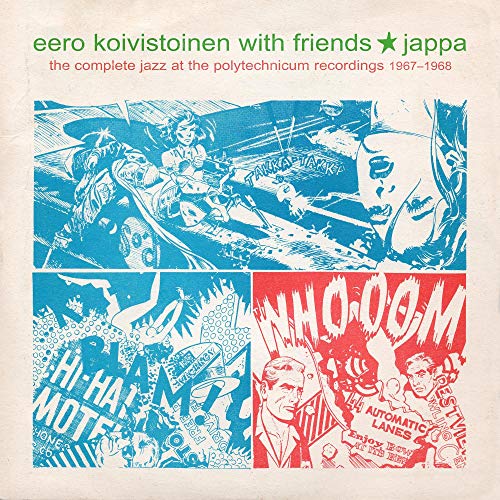 Vinyl cover art featuring comic book panels in blue and red on cream background.