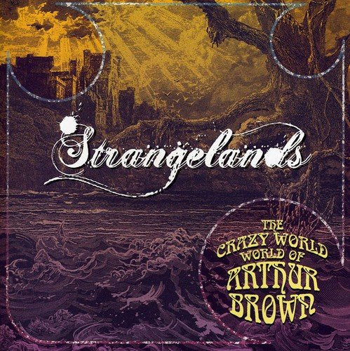 "CD album cover with 'Strangelands' title, purple background, and fantasy landscape illustration."