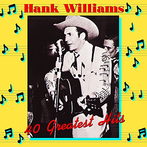 Hank Williams album cover featuring a black-and-white photo on a yellow musical background.