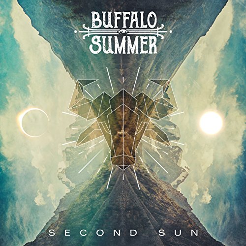 Album cover with geometric design, mountains, and celestial bodies against a cloudy sky.