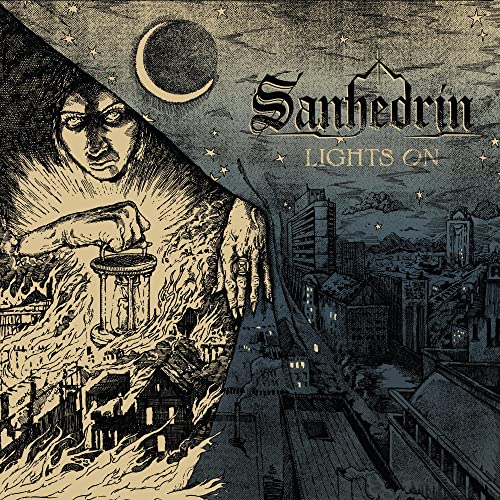 Album cover art featuring a hand holding a lantern over a burning city landscape.