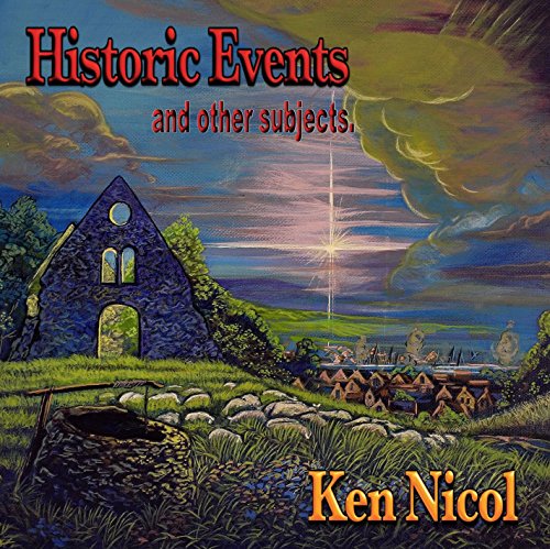 "Album cover with a painting of a church and village under a cloudy sky."