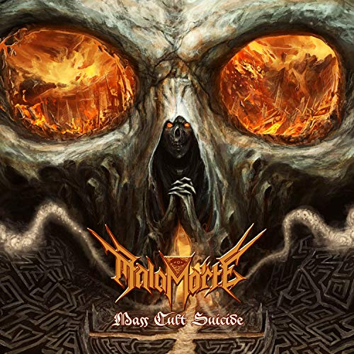 Skull with fiery eyes and a praying figure, album cover art.