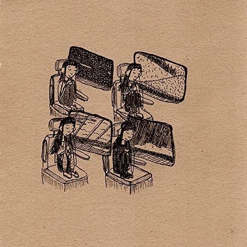 Sketch of four figures seated in front of television screens.