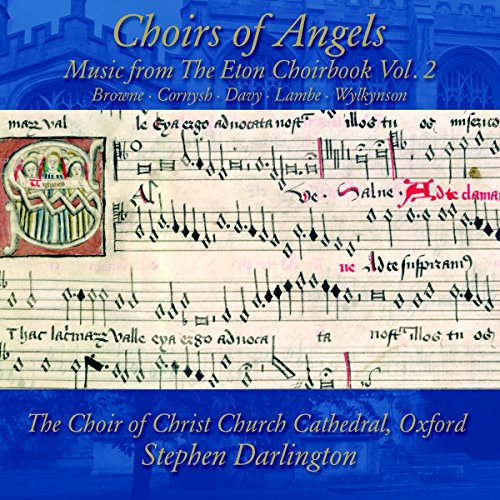 "CD cover with medieval sheet music and blue background, titled 'Choirs of Angels'."