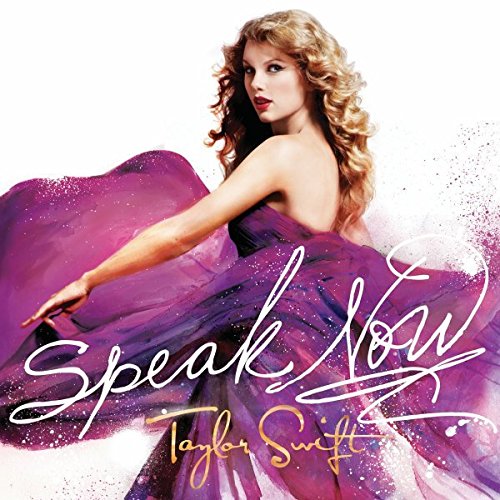 Taylor Swift album cover: woman in purple dress with "Speak Now" and her name written.