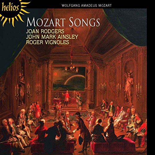 "Mozart Songs CD cover featuring 18th-century ballroom scene with musicians and dancers."