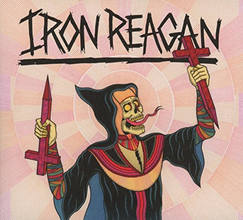 "Album cover featuring a skeleton in a robe holding two red crosses."