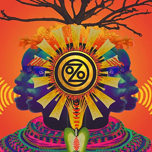Album cover for Ozomatli's "Marching On" featuring a mirrored face and sunburst.